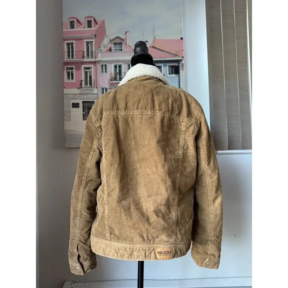 Hollister Button-Up Sherpa Lined Corduroy Trucker Jacket Beige Mens M 70s 90s
